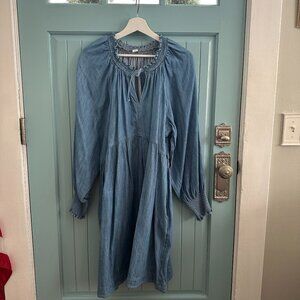 Old Navy Fit & Flare Denim Dress – Long Sleeve, Ruffle V-Neck, Pockets – NWOT